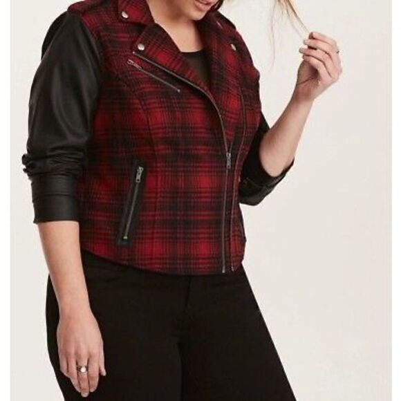 TORRID Buffalo Plaid Red Black Check Moto Bomber Jacket 00 M L - Picture 2 of 14